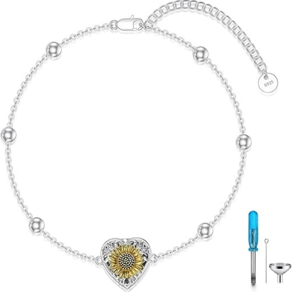 Sunflower Heart Urn Bracelet for Ashes 925 Sterling Silver